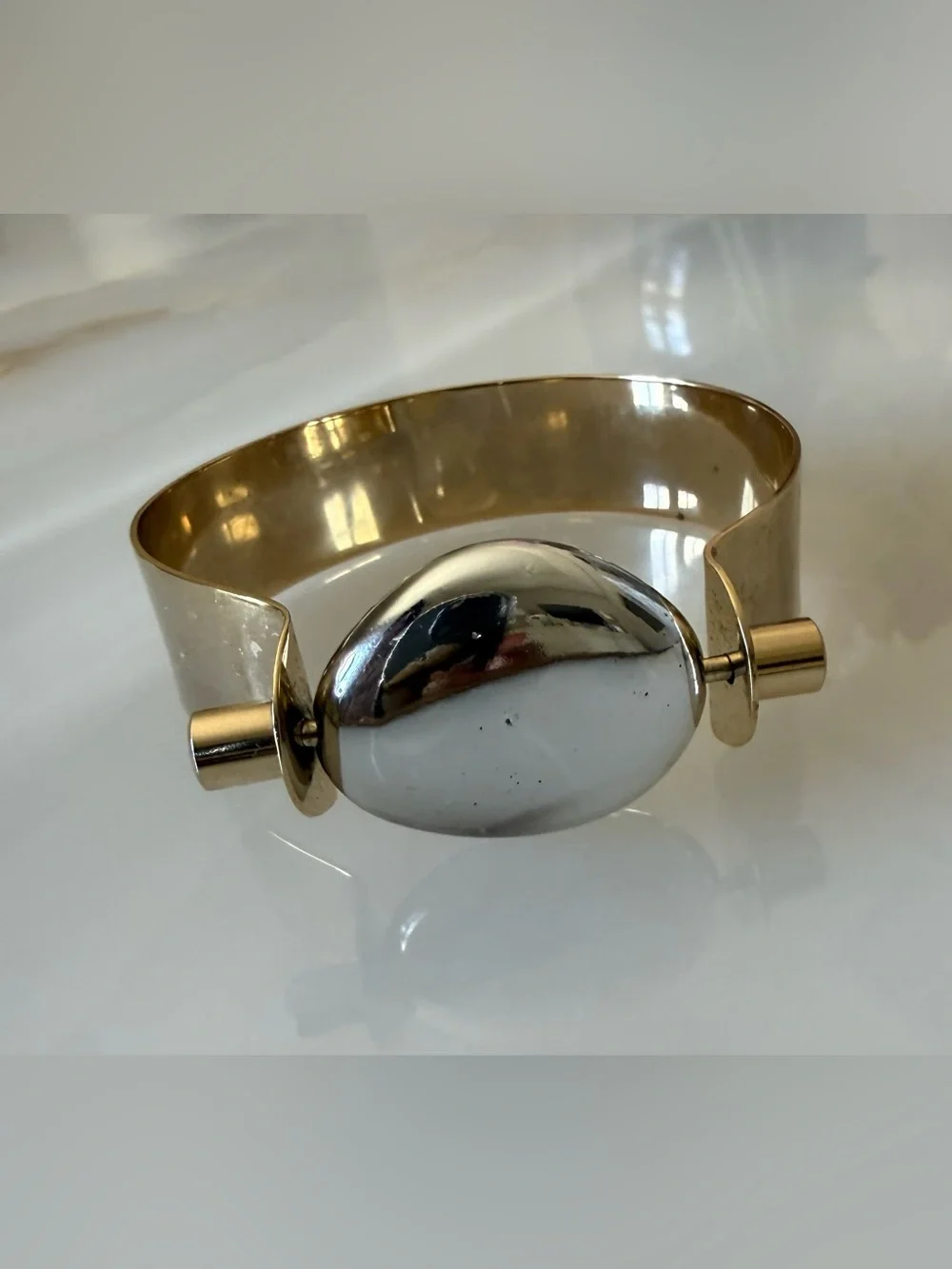 Vintage Modernist Two-Tone Cuff Bracelet Bold Mixed Metal Orb Statement 7”